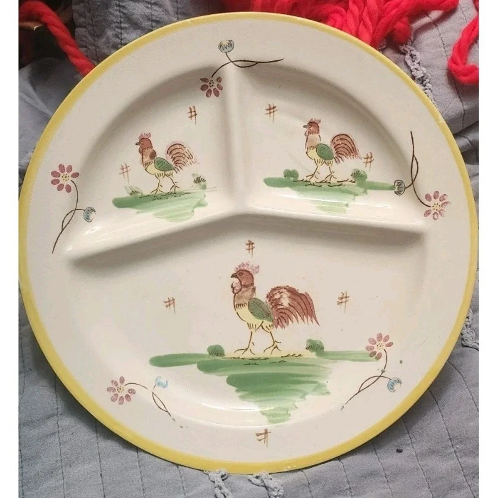 Antique Vtg Japan Porcelain Rooster Luncheon Plate Divided Sections Cottagecore
